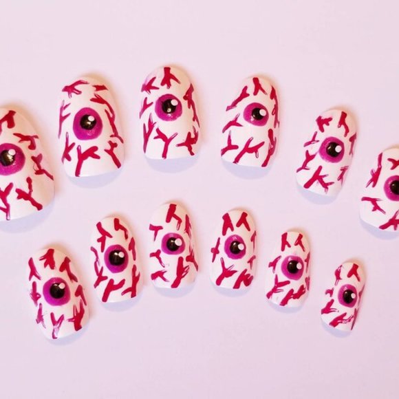Halloween Eye Press On Nails - Spooky Nails - New Hand Painted - Picture 1 of 6